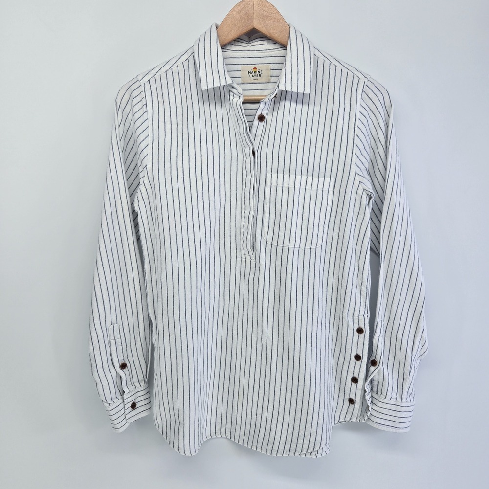 Marine Layer Popover Shirt Womens Small White Blue Striped Side Button Tunic Top